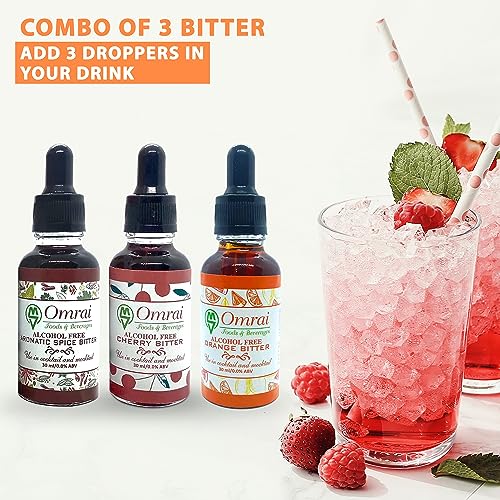 Image of Omrai Foods Orange+Spice+Cherry Bitters for Cocktails & Mocktails, 30ml Non-Alcoholic Botanical Bitters | Natural Spice Flavor Enhancer Ideal for Old Fashioned, Negroni, Manhattan, Martini & Gin Tonic