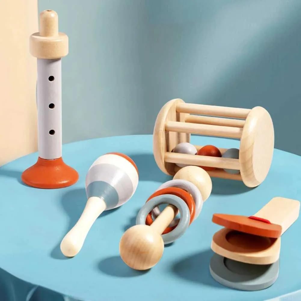 Wooden Musical Instrument Toy Set for Babies – 5-Piece Natural Montessori Rattle & Musical Play Kit | Safe Non-Toxic Wooden Sound Toys for 6+ Months | Early Learning Sensory Development Gift Set-image-2
