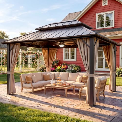 GUNJI 10' x 12' Metal Hardtop Gazebo,Aluminum Outdoor Deck Gazebo with Mosquito Netting&Curtains,...