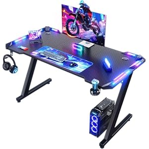 Gaming Tisch mit LED 120×60 cm, Gaming Schreibtisch Z-Frame, Ergonomischer Gamer PC Tisch mit Getränkehalter, Kopfhörerhaken, Stabiler Computertisch, Schwarz