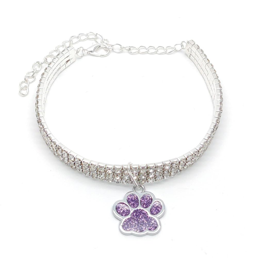 Dogs Kingdom 3 Row Crystal Dog Necklace With Paw Charm - Bling Rhinestone Jewelry For Small Dogs & Cats (Purple, Size S)