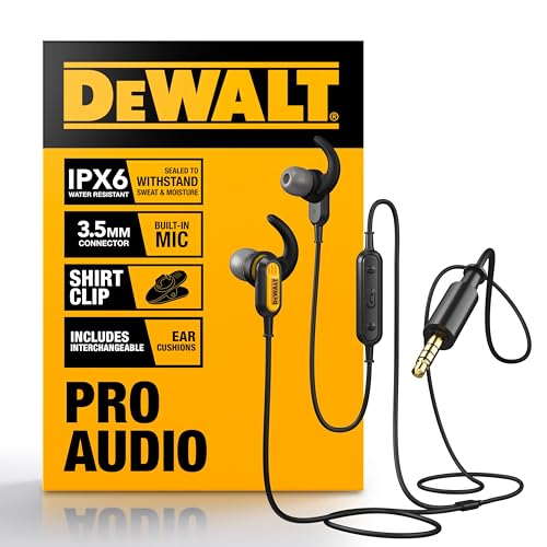 DEWALT Heavy Duty Wired Earphones with Microphone, Jobsite...