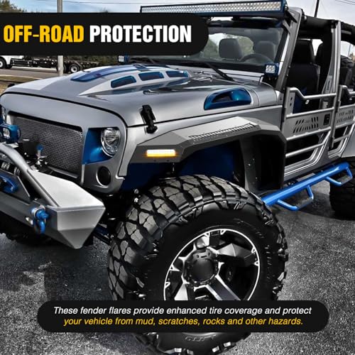 Image of Nilight JK Wide Flat Front Fender Flares Fit for 2007-2012 2013 2014 2015 2016 2017 2018 Jeep Wrangler JK JKU 2 /4 Door 2Pcs Off-Road Wheel Fenders Mud Guards w /LED Lights Turn Signal Lights DRL