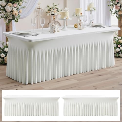 Image of NSSONBEN 2 pk Ivory Spandex Tablecloth for 8 Foot Rectangle Tables,Wrinkle Free High Stretch Cream Fitted Tablecloths with Ruffle Skirt, Elastic Spandex Table Covers 8ft for Parties Weddings Banquet