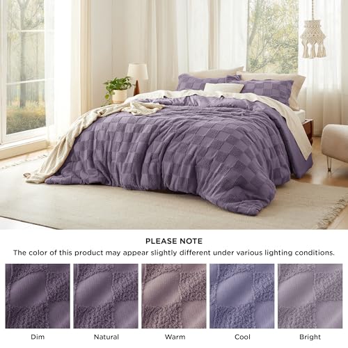 Image of Bedsure King Size Comforter Set Grayish Purple, Boho Tufted Bed Set, Checkered Farmhouse-Style Distressed Vintage Bedding, 3 Pieces, 1 Plaid Geometric Comforter and 2 Pillow Shams