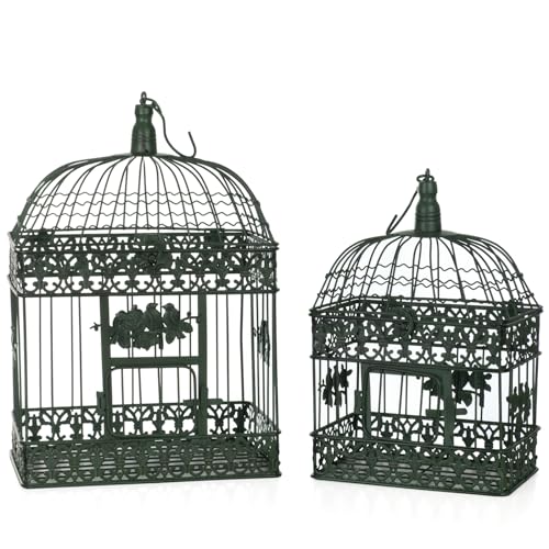 Juego de 2 jaulas decorativas de metal, color verde antiguo, vintage, jaula colgante Shabby Chic Jardín Decorativo Jaulas con ornamentos 51 cm y 42 cm diseño floral romántico aspecto antiguo