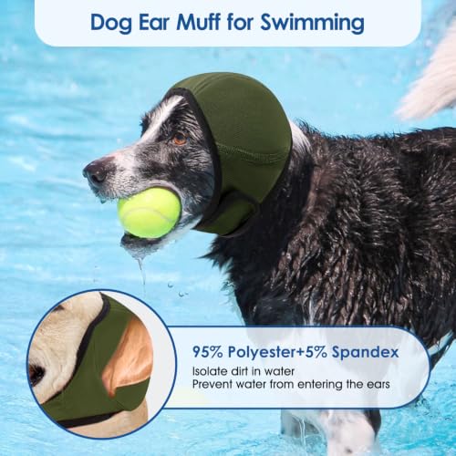 Image of Dog Calming Hoodie No Shake Dog Ear Wraps Water Resistant Ear Cover | Anxiety Relief Ears MuffsNoise Protection for Firework, Grooming, Thunderstorms, Swimming, Bathing, ArmyGreen L