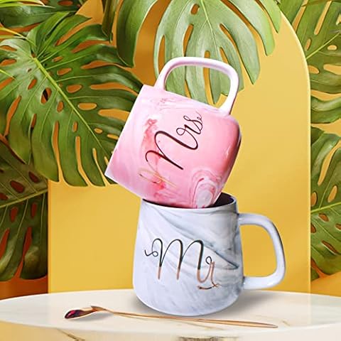 Binsakao Mr Mrs Couple Coffee Mugs Cups, Bridal Shower Wedding Anniversary Valentine's Day Gift, Bride Groom Newlyweds Married Couples Ceramic Marble Couple Cups Mugs Set (14.5 oz ) Cover