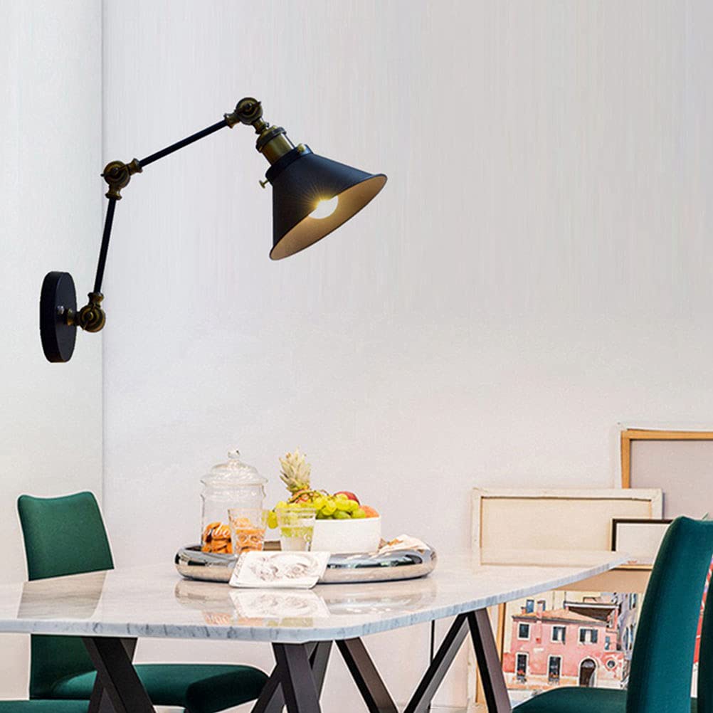 Schwarz Wandlampe mit Schalter, Verstellbar Metall Lange Arm Wandleuchte mit Kabel und Stecker Nachttischlampe Vintage Industriallampe Wand-Leselampe E27 Innen Retro Lampe für Schlafzimmer Wohnzimmer