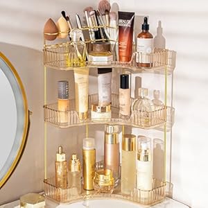 NATURE’S SOURCE Makeup Organizer for Vanity, 3-Tier Corner Bathroom Organizer Countertop with Makeup Brush Holder, Corner Counter Storage for Bathroom Dresser- Amber Gold