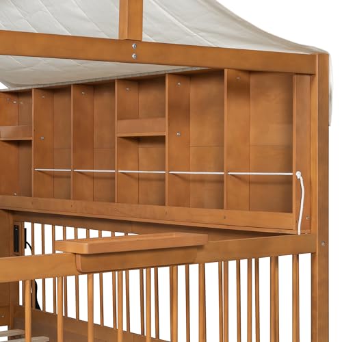 Image of Full Size House Bed with 2 Large Drawers & LED Strip Walnut-T | Side Bookshelf, Cozy Reading Nook & Playhouse for Boys & Girls Bedroom