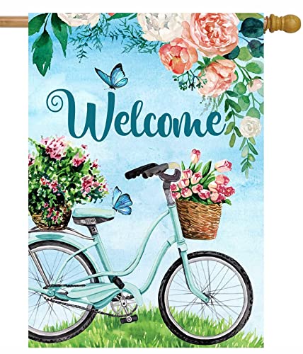 Shinesnow Welcome Spring Summer Bike Flowers Daisy Butterfly Seasonal Landscape House Flag 28" X 40" Double Sided Polyester Welcome Large Yard Garden Flag Banners For Patio Lawn Home Outdoor Decor #TOP22
