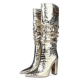 UP2STEP Women Patent Slouchy Block Heel Boots Shiny Sequins Knee High Chunky Heel Boot Mid Calf Dress Shoes Gold Size 7 -  UP2STEP (Amazon product details) or Fashion Nova (external website)