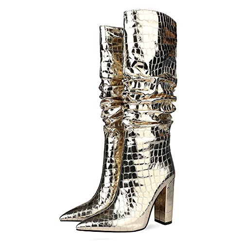 UP2STEP Women Patent Slouchy Block Heel Boots Shiny Sequins Knee High Chunky Heel Boot Mid Calf Dress Shoes Gold Size 7 -  UP2STEP (Amazon product details) or Fashion Nova (external website)