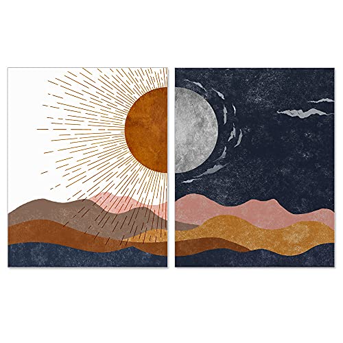 Sun and Moon, Boho Art, Decorative Wall Art, Desert Prints, Modern Abstract Art, Sunshine Decor, Bedroom Wall Art, Above Bed, Set of 2 Prints UNFRAMED (Large)