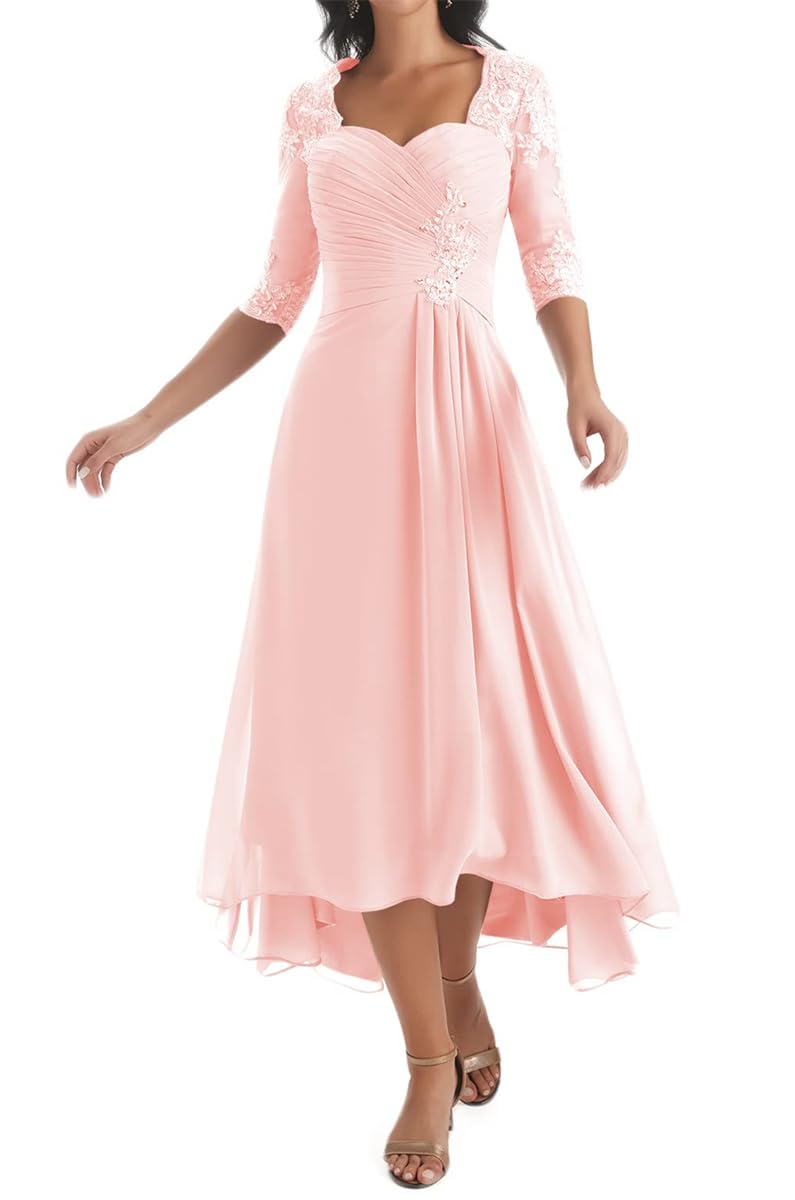 Hppee Women's Blush Pink High Low Mother Of The Bride Dresses For With Sleeves A Line Chiffon Lace Applique Formal Mother Of Groom Dress Uk14