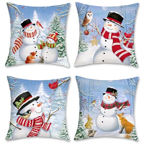 Bonhause Winter Snowman Throw Pillow Covers 18x18 Inch Snowy Pine Tree Winter Holiday Decorative Pillows for Couch Sofa Bed Home Decor Set of 4