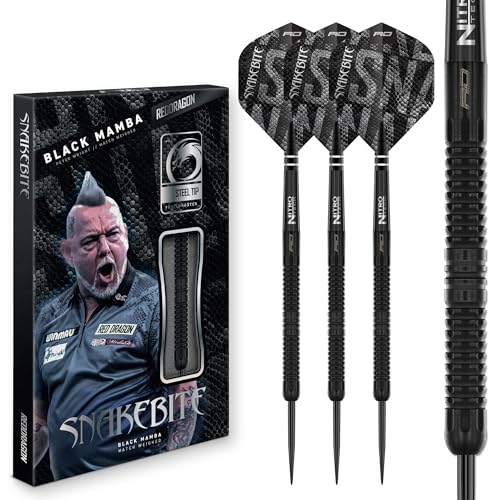 RED DRAGON Darts - Profispieler Steeldarts - Peter Wright 'Snakebite' - Black Mamba Serie 22g Dart Pfeile | 90% Tungsten Profi Dartpfeile Metallspitze | Inklusive Dartflüge und Dartschäfte