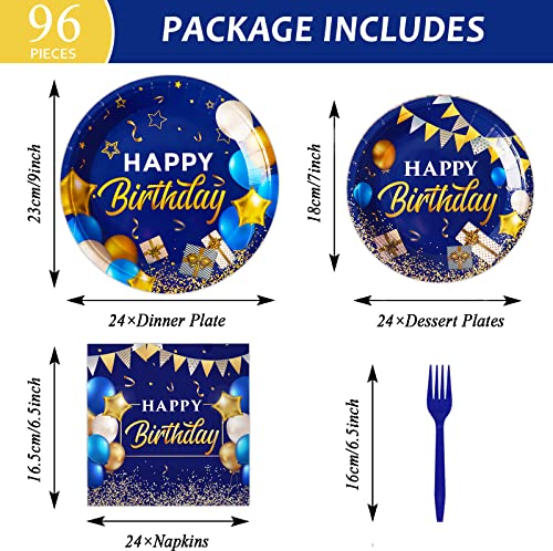 Image of gisgfim 96 Pcs Blue and Gold Birthday Plates and Napkins Party Supplies Navy Blue Party Tableware Set Happy Birthday Decorations Favors for Men Women for 24 Guests