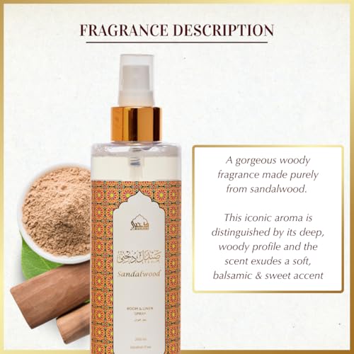 Image of Sandalwood Room & Linen Spray by Dukhni | 250ml Arabic Air Freshener | Sandalwood Air Freshener for Home, Prayer Mats, Bed, Sofa, Living Room, Cushions, Car | Room Spray, Odour Eliminator