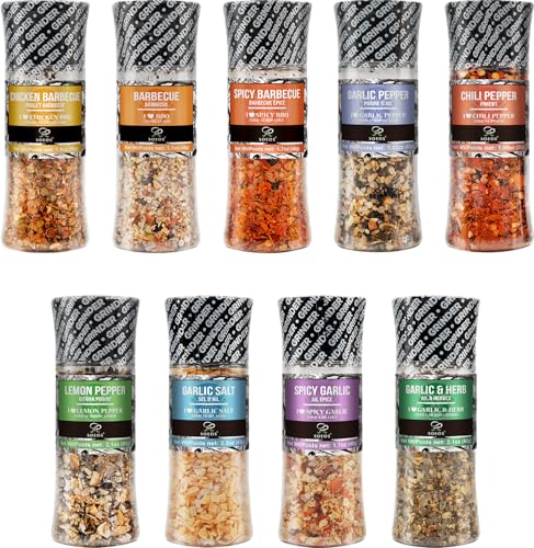 Soeos Spice Seasoning Set of 9 with Integrated Grinders, Individual Spice Grinder, Pure and Fresh...