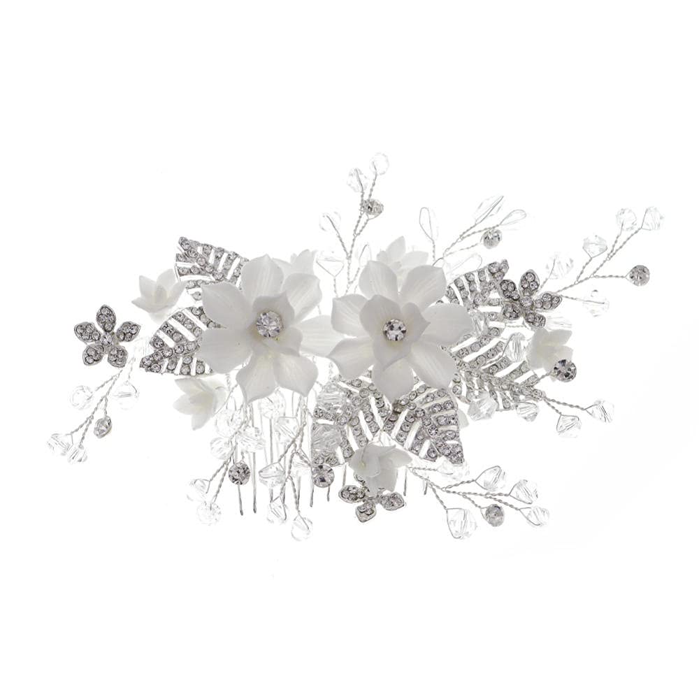 Braut Brautjungfer Haarkamm Clip Haarschmuck, Braut Blume Haarkamm Silber, Strass Vintage Seitenkamm, künstlicher Abschlussball Strand Haarschmuck für Frauen und Mädchen