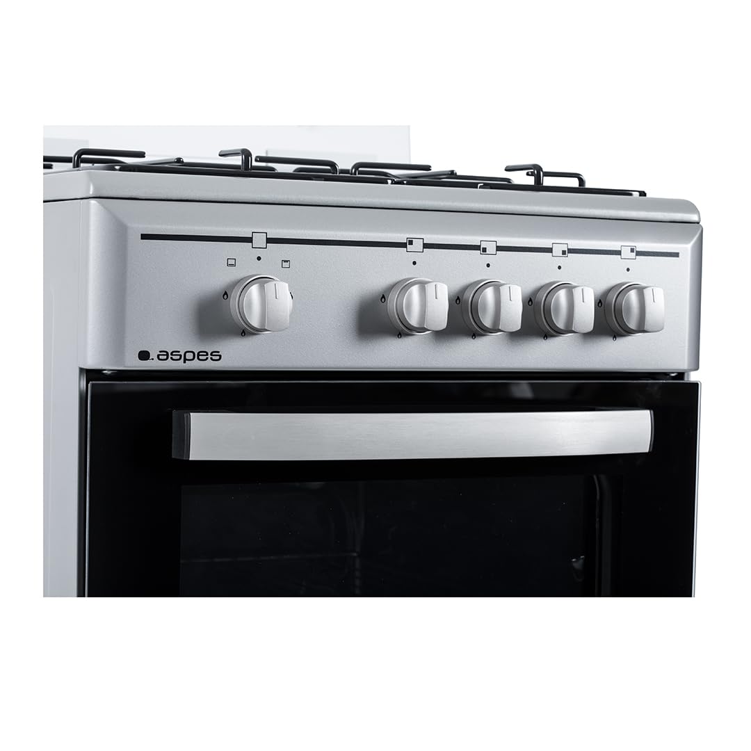 Aspes Cocina Gas Butano 4 Zonas de Cocción, Horno 43 L, Inox, AKG4501X. Control Manual, 2 Programas de Cocción, Cristal en Puerta de Doble Capa, Tapa Abatible