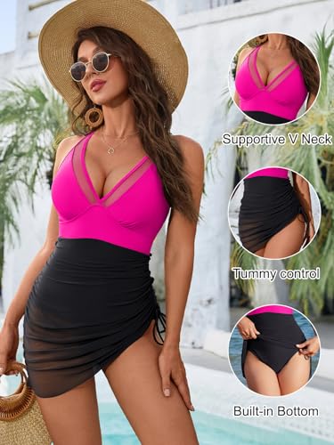Image of Blooming Jelly Women One Piece Swim Dress Tummy Control Swimsuits Slimming Mesh Sheer Sarong Wraps Bathing Suit