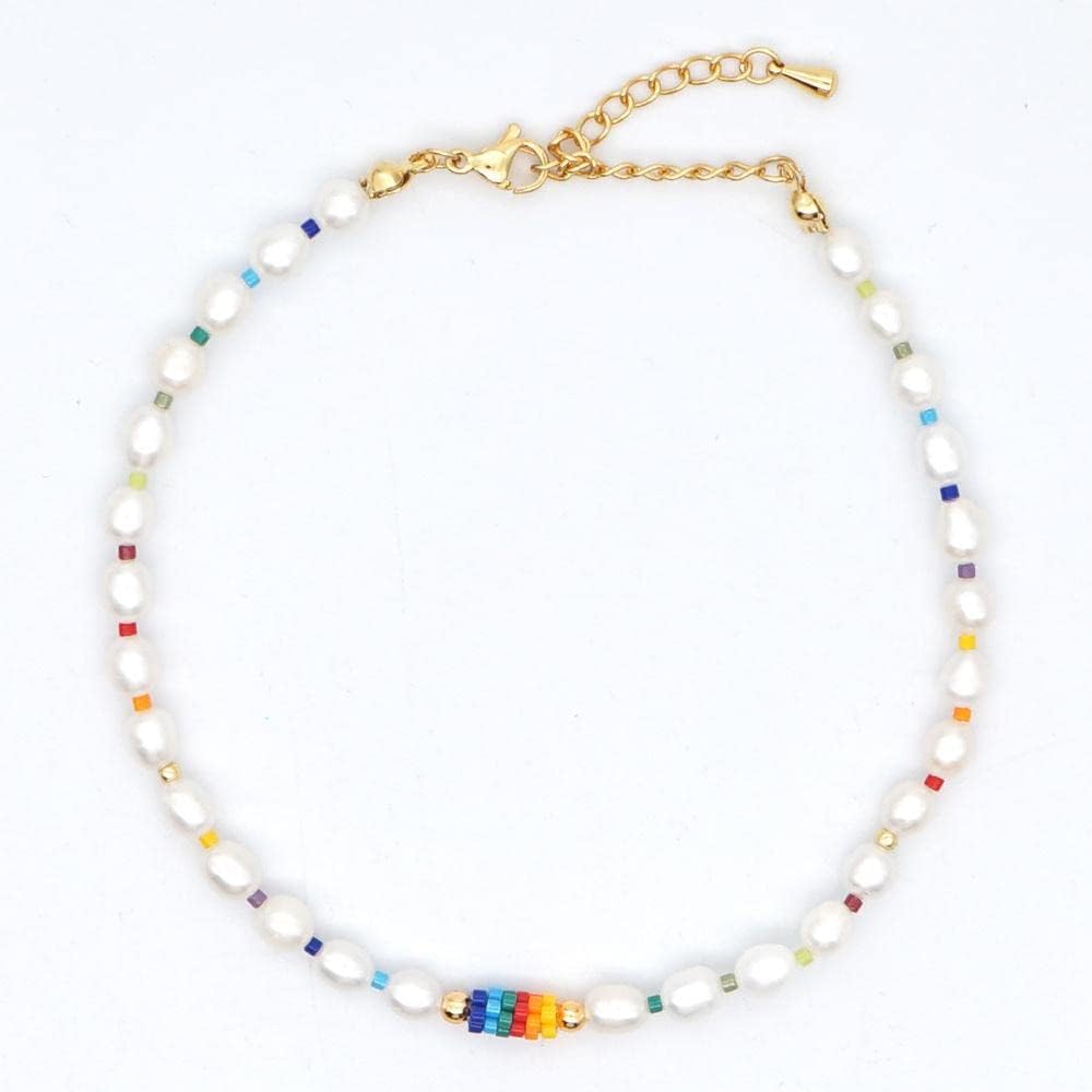 Cavigliere Bracciali Calzature estive da spiaggia Cavigliera versatile con perle naturali intrecciate con perle di riso arcobaleno