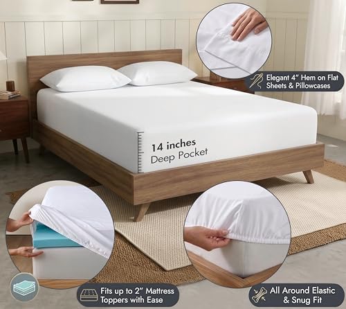 Image of RUVANTI 100% Cotton Percale Sheets California King, Bright White | Crisp Cooling for Hot Sleepers, Deep Pocket 14 inch, Soft Breathable & Durable, Hotel-Style 4 Piece Set