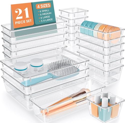 Image of WOWBOX Drawer Organizer Set, Multi Sizes Desk Drawer Divider Organizers and Storage Bins for Makeup, Jewelry, Gadgets for Kitchen, Bedroom, Bathroom, Office (Purple, 21 pcs Set)