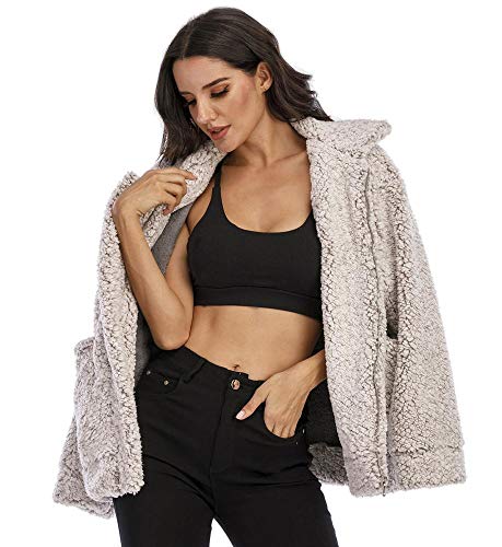 Women\'s Fashion Long Sleeve Lapel Zip Up Faux Shearling Shaggy Oversized Coat Jacket with Pockets Womens Winter Coats (White grey,S)