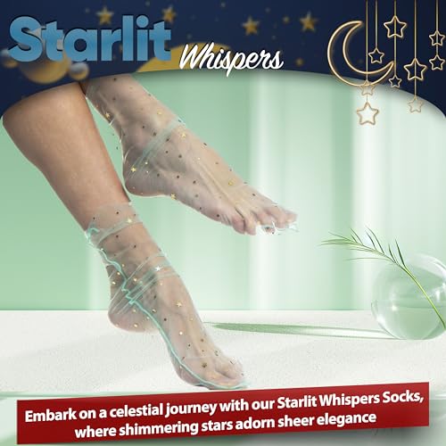Magic Mint Frost: Women Sheer Slouch Tulle Socks | Shiny Glitter Novelty Decorated Loose Socks with Stars & Moon - Ankle High 1 Pair (US sizes 5-8)2