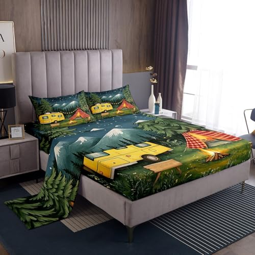 jejeloiu Happy Camping Bed Sheets Set Full Size Kids RV Camping Tree Fitted Sheet with Deep Pocket for Boys Girls Teens Car Tent Campfire Bedding Set Breathable Starry Night Sky Bedroom Decor
