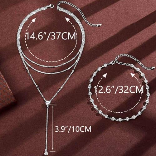 Layered Y Necklace Silver Sparkly Rhinestone Necklaces Long Elegant Neck Jewelry for Women2