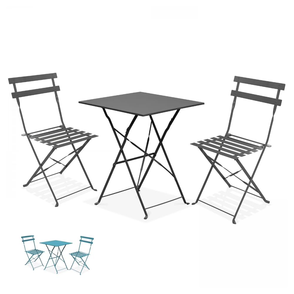 PALUPLUS Set da Bistrot 3 Pezzi, Tavolo Pieghevole QUADRATO 60x60x71 cm, 2 Sedie in Metallo 41x46x80 cm, Ideale per Balcone e Giardino, Design Elegante e Salvaspazio -7124F-15,8 (Grigio Antracite)
