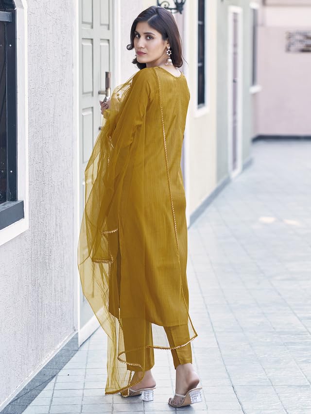 Sanisa Women's Art Silk Sequence Embroidery Straight Kurta Set With Dupatta (143Kbd1545N-M_Mustard Yellow1)