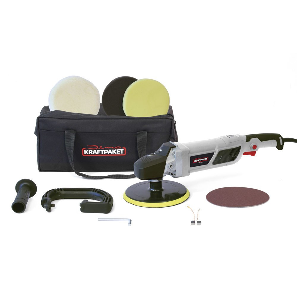 Dino KRAFTPAKET 640228 maszyna do polerowania 1500 W, 12-stopniowa z wyświetlaczem LCD, funkcją pamięci, gąbka do polerowania, papier ścierny, talerz do polerowania, torba