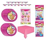 Shopkins Birthday Party Supplies Bundle Set includes 16 Plates, 1 Hot Pink Table Cover, 16 Party Invitations, 1 Happy Birthday Banner, 8 Photo Props