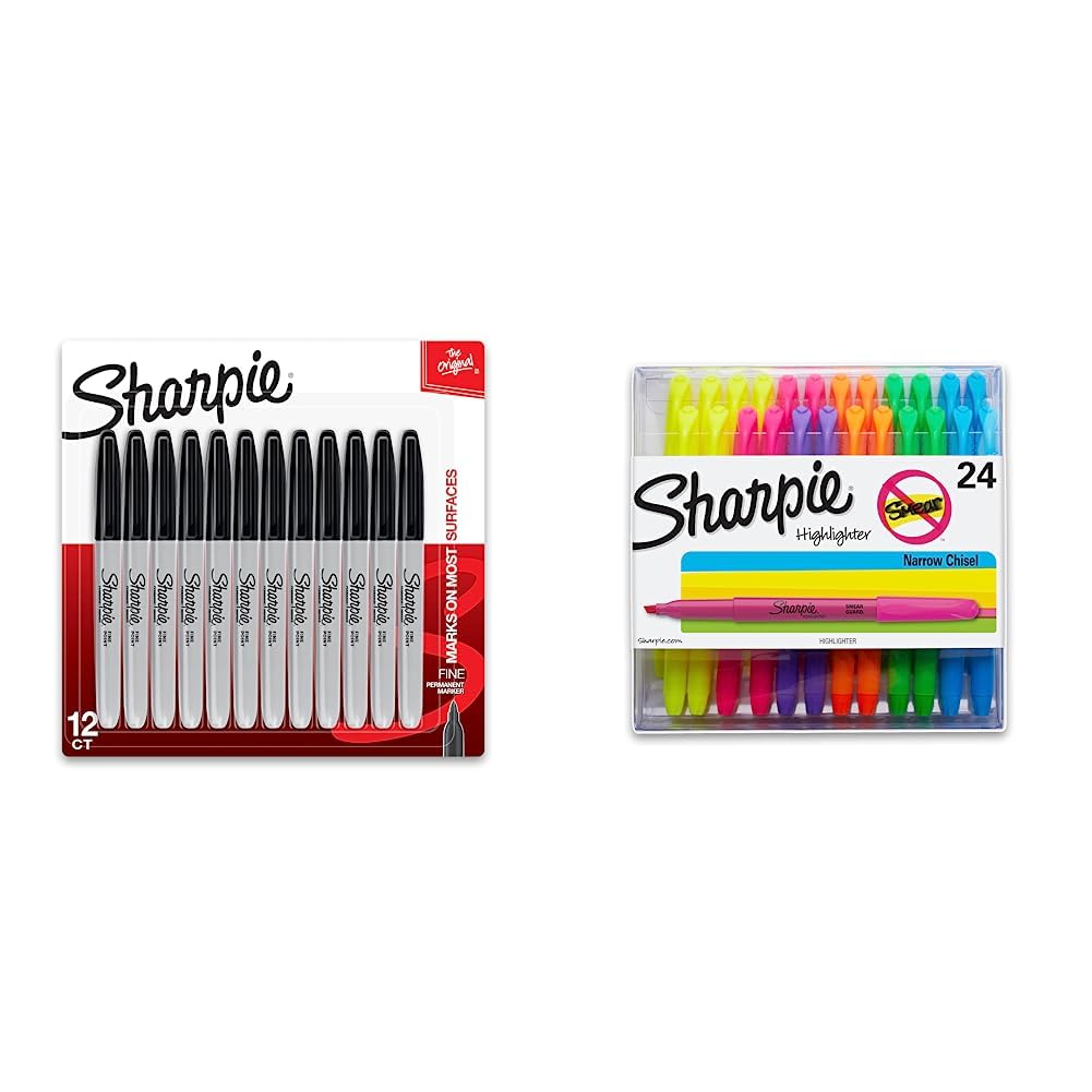 SHARPIE Permanent Markers, Fine Point, Black, 12 Count & Pocket Style Highlighters, Chisel Tip, Assorted Colors, 24 Count