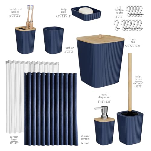 Clara Clark Bathroom Accessories Set - Bathroom Set, Bathroom Accessory Set, Shower Curtain Set, Toilet Brush, Trash Can & Soap Dispenser - Navy - 20PC