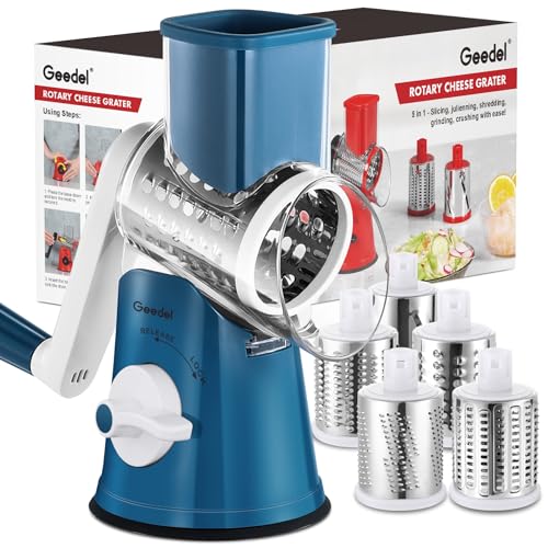 Image of Geedel Rotary Cheese Grater Cheese Shredder - Upgraded 5-in-1 Cheese Grater with Handle and Strong Suction Base, Multi-purpose Vegetable Slicer Ice Shaver Nuts Grinder for Cheese, Vegetables, Ice