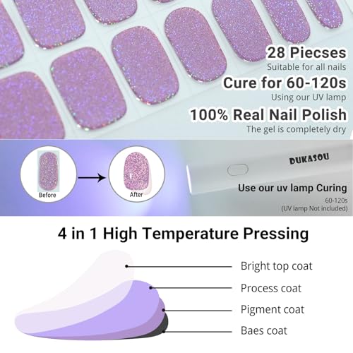 DUKASOU Semi Cured Gel Nail Strips, Purple Sparkle | 28 pcs Gel Nail Strips Work with Any UV Lamp, Salon Quality UV Nails Stickers, Easy to Apply for Home Nails DIY