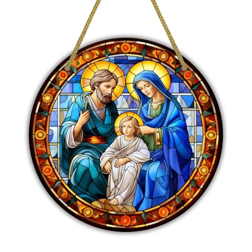 Image of Printality Stained Glass Style Christian Wall Hanging | Round MDF Plaque with Glossy Finish & Golden Zardosi String | Religious Wall Art | Jesus, Mary & Angels Design | Faith Home Decor (Design 2)