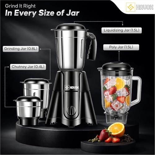 Image of Havok Z Black Edition 750W Juicer Mixer Grinder with 4 Stainless Steel Jars | Multi-Purpose Kitchen Appliance for Grinding & Juicing