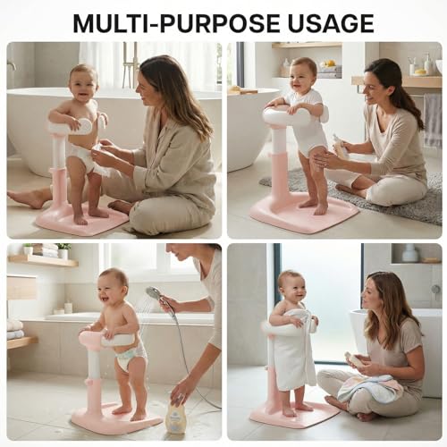 Image of BAYBEE Babyflo Shower Bath Stand for Baby for 0 - 3 Years for Kids | Baby Standing Bath Stand with Adjustable Height & Width | Foldable Kids Bathstand with Shower Holder & Anti-Slip Base (Pink)