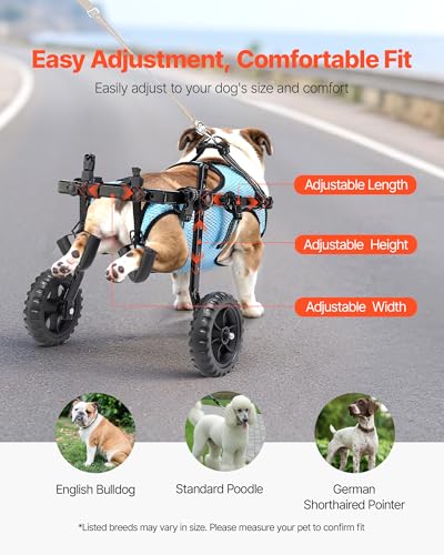 VEVOR Hunderollstuhl für Hinterbeine, Verstellbarer Haustierrollstuhl, Leichter Hundewagen mit stoßdämpfenden Rädern, Gehhilfe für behinderte, gelähmte, verletzte Hunde bis 15 kg, M