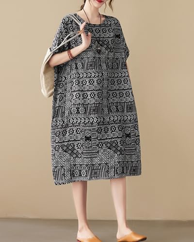 Image of LUZU JUNU Women's Summer Baggy Plus Size Loose Cotton Linen Long Boho Beach Dress with Pockets