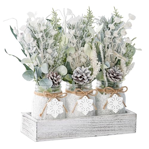 KIVIVO Winter Centerpieces for Tables, Table Decor with Mason Jar, Flowers Picks, Farmhouse Wood Tray, Snowflake Sign, 22 Pcs Christmas Winter White Wonderland Table Decorations Centerpieces for Home
