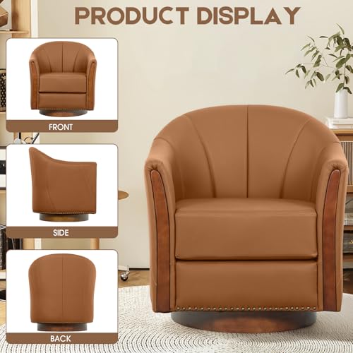 Image of 360 Swivel Accent Chair, Modern Leather Barrel Club Chair with Leather Upholstery and Sturdy Wood Base, Comfortable Armchair for Living Room, Bedroom, Reading Nook, Brown